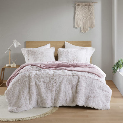 Malea Shaggy Faux Fur Comforter Mini Set in Pink/White Color