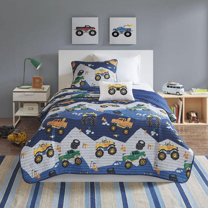 Monster Truck Reversible Quilt Set with Throw Pillow