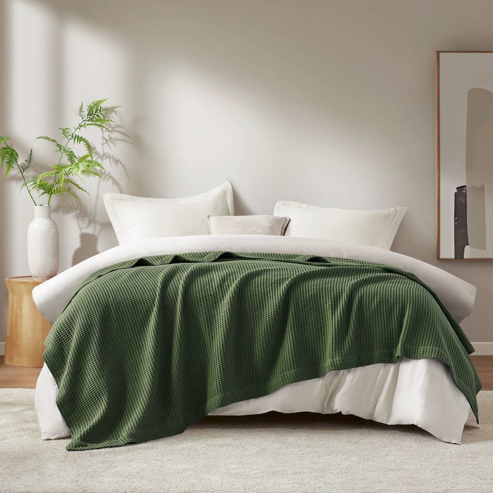 Waffle Weave Cotton Blanket, Olive Green color