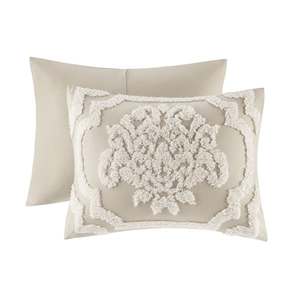 3 piece Tufted Cotton Chenille Damask Comforter Set