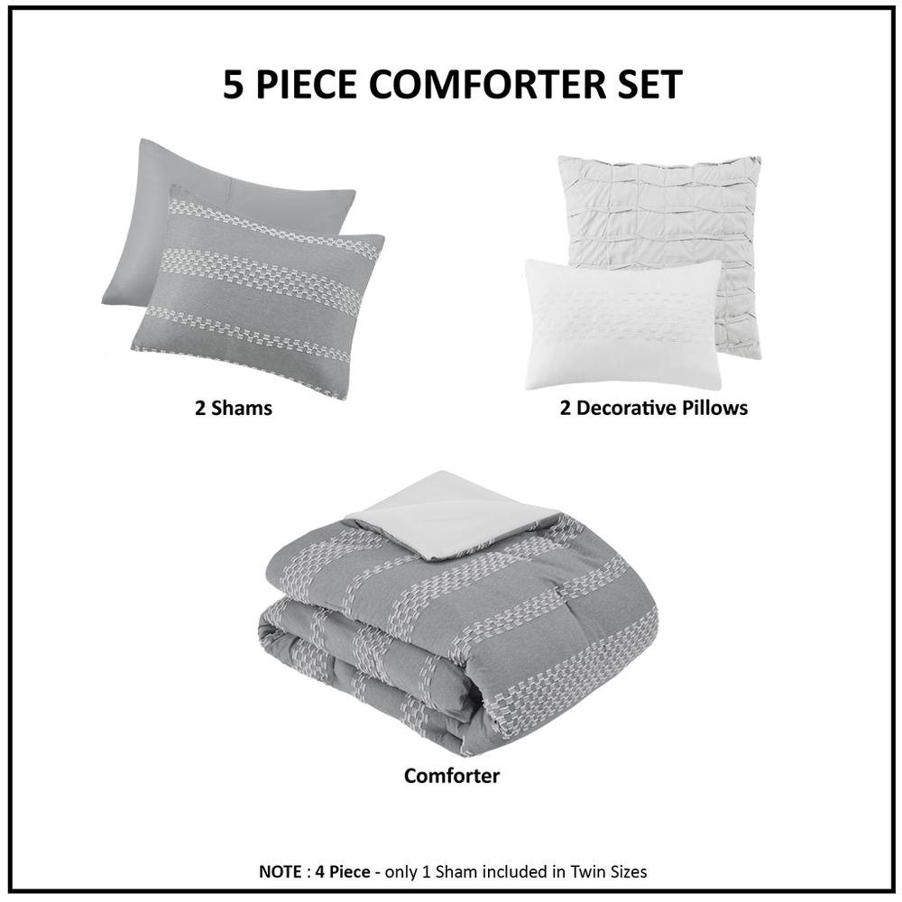 5 Piece Clipped Jacquard Comforter Set with Throw Pillows