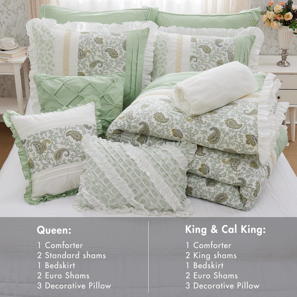 Dawn 9 Piece Cotton Percale Comforter Set, Sage Green color