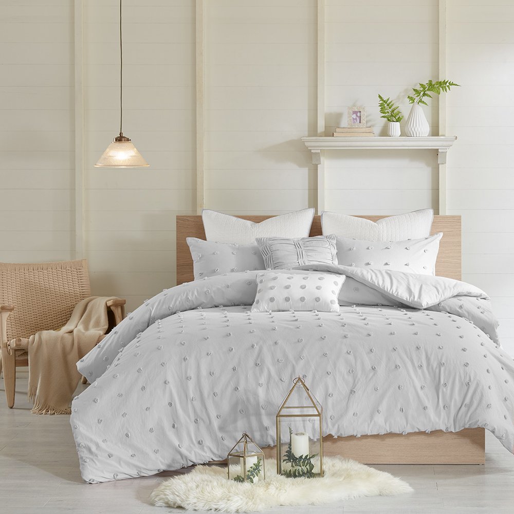 Cotton Jacquard Duvet Cover Set with Euro Shams and Throw Pillows
