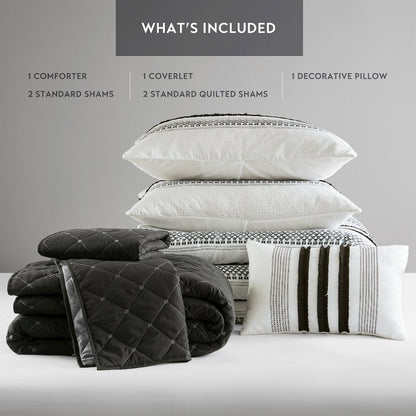 Carolina 7 Piece Stripe Comforter and Quilt Set, Black color