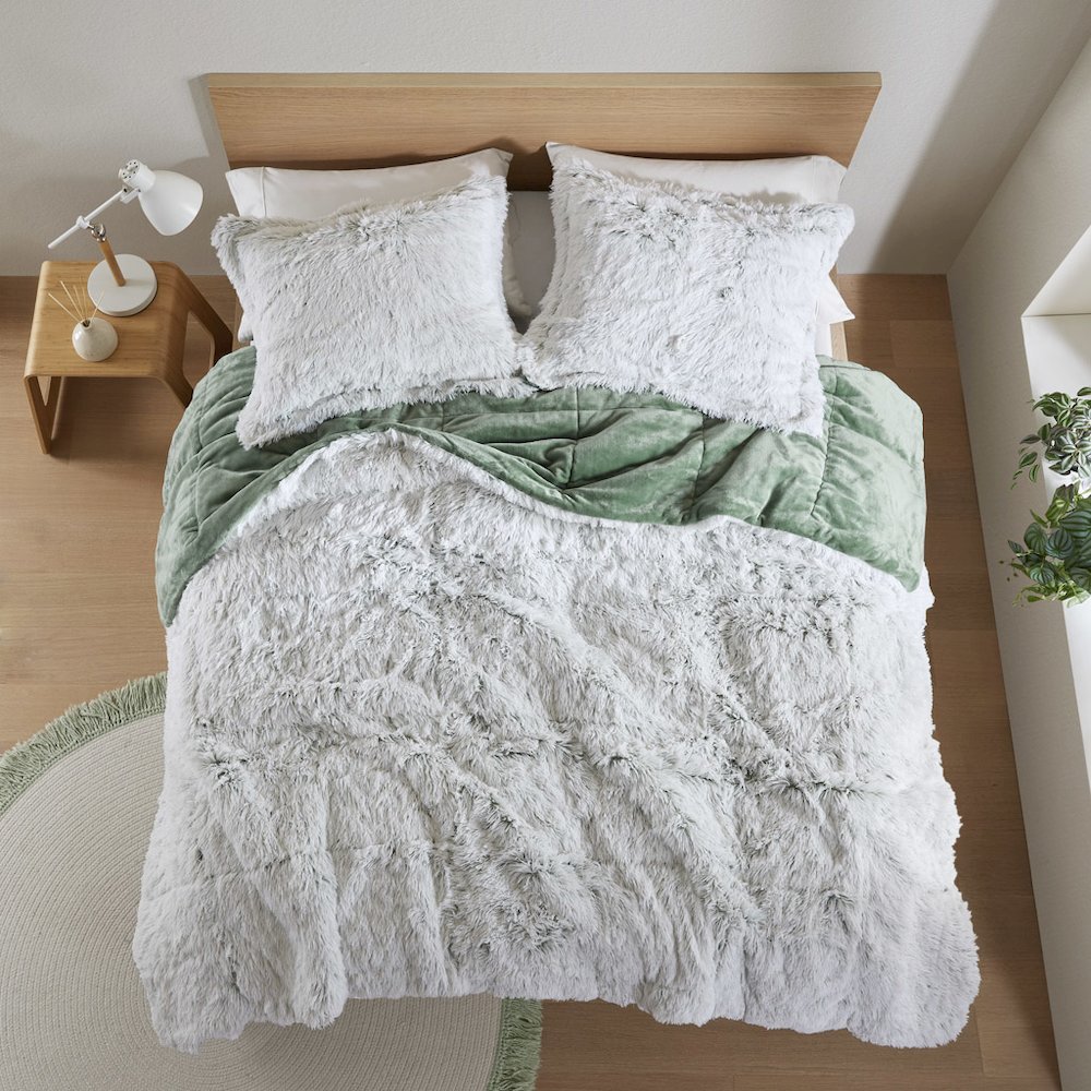 Malea Shaggy Faux Fur Comforter Mini Set in Green/White Color