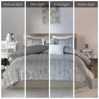 Raina Metallic Printed Comforter Set, Grey/Silver color
