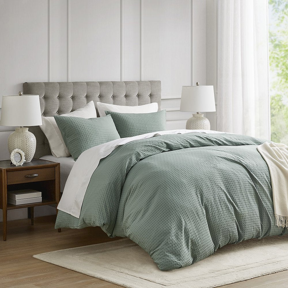 Mina Waffle Weave Textured Duvet Cover Set, Sage Green color