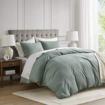 Mina Waffle Weave Textured Duvet Cover Set, Sage Green color