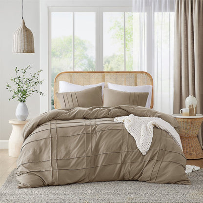 Porter Soft Washed Pleated Duvet Cover Set, Khaki color