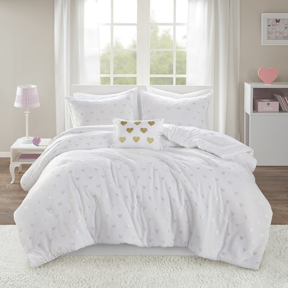 Metallic Printed Plush Comforter Set with Throw Pillow in White/Gold Color