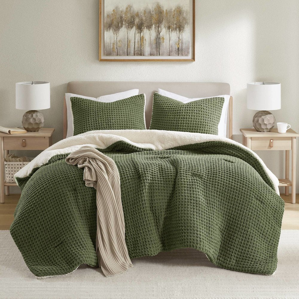 Riordan Waffle Knit Chenille Comforter Set, Olive color
