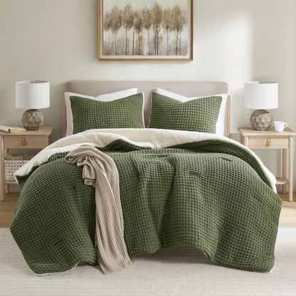 Riordan Waffle Knit Chenille Comforter Set, Olive color