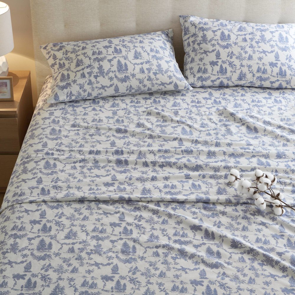 Cozy Flannel 100% Cotton Flannel Printed Sheet Set, Toile pine trees color