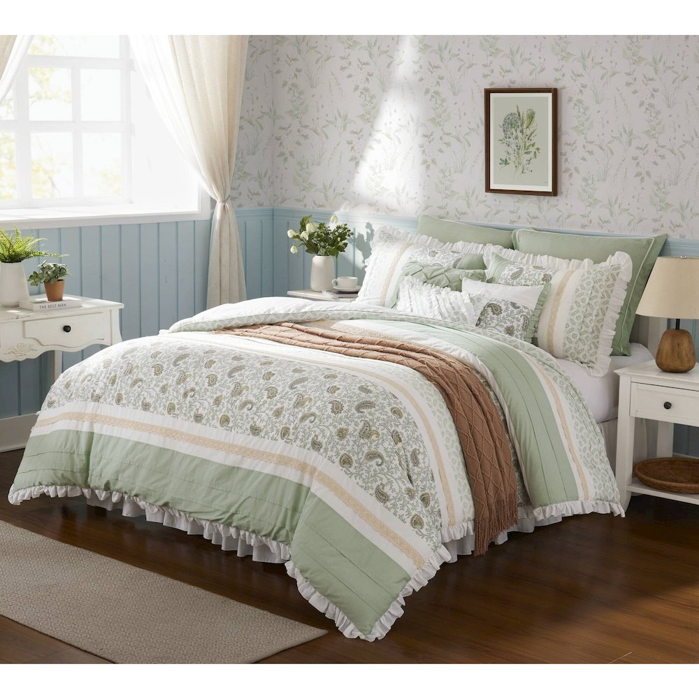 Dawn 9 Piece Cotton Percale Comforter Set, Sage Green color