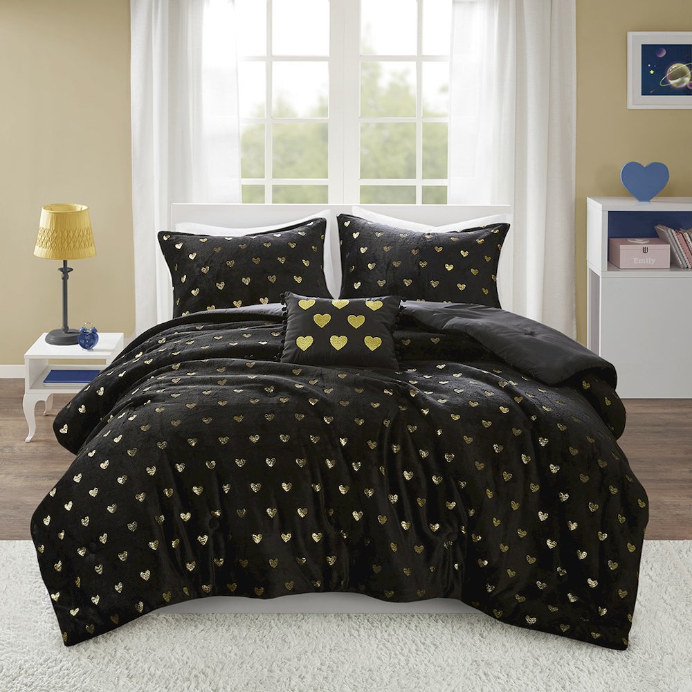 Metallic Printed Plush Comforter Set with Throw Pillow in Black/Gold Color