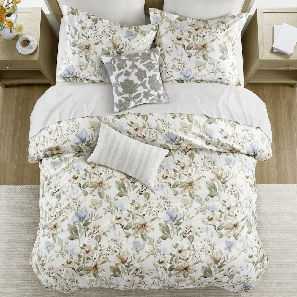 Herbal 5 Piece Cotton Sateen Print Duvet Set, Multi color