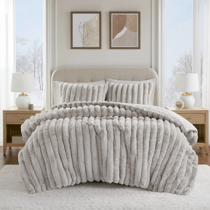 Jasmine Ultrasoft Faux Fur Ribbed Comforter Set, Light Gray color