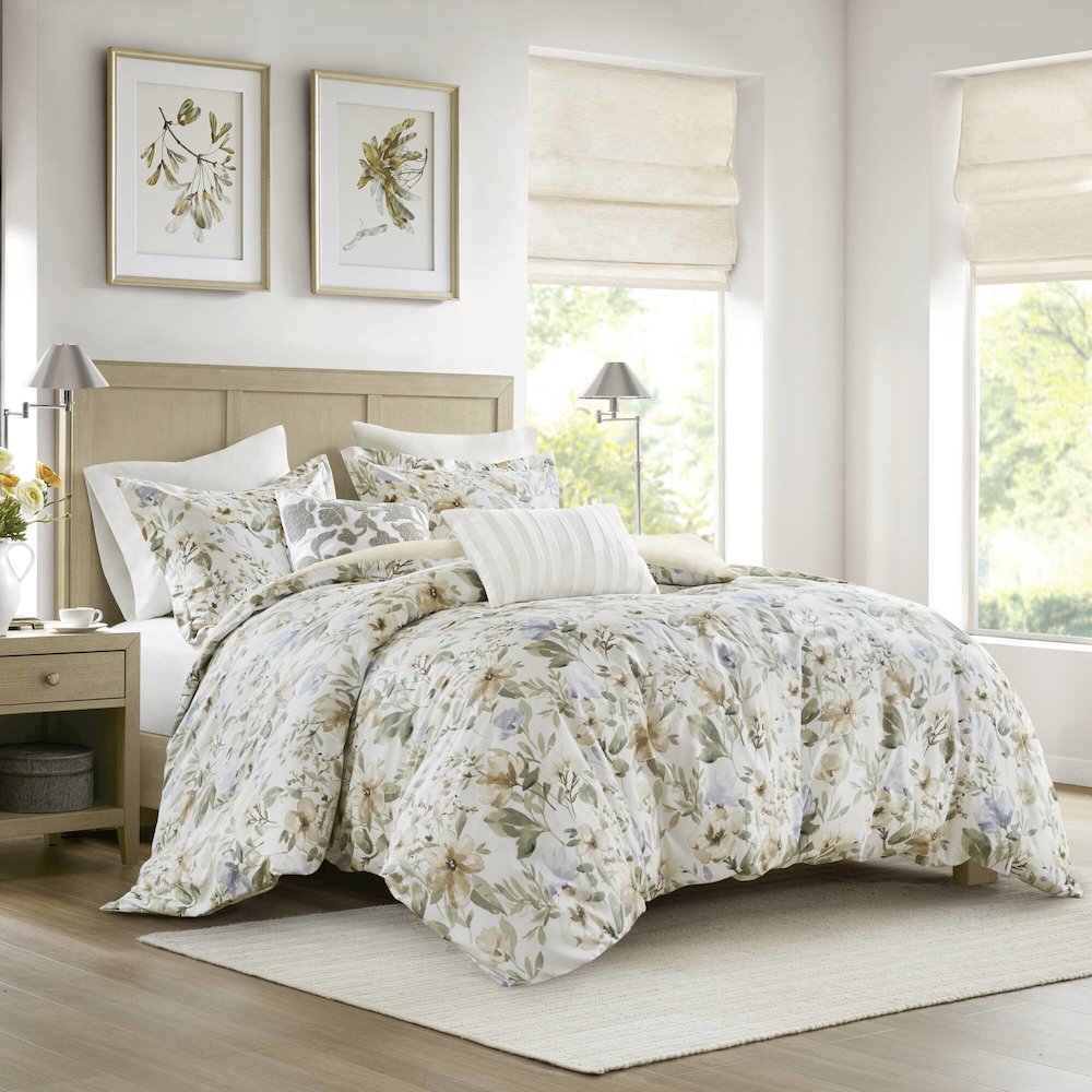 Herbal 5 Piece Cotton Sateen Print Duvet Set, Multi color