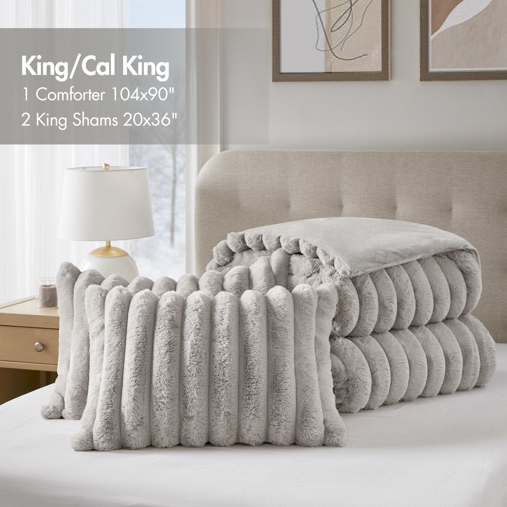 Jasmine Ultrasoft Faux Fur Ribbed Comforter Set, Light Gray color