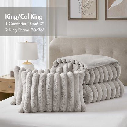 Jasmine Ultrasoft Faux Fur Ribbed Comforter Set, Light Gray color