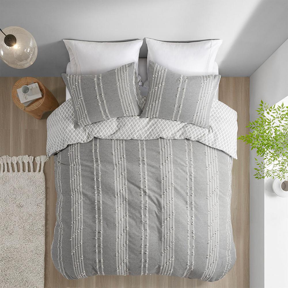 Kara 3 Piece Cotton Jacquard Duvet Cover Set, Gray color