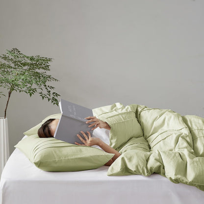 Porter Soft Washed Pleated Duvet Cover Set, Sage color