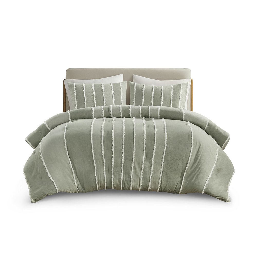 Shay 3 Piece Striped Cotton Comforter Set, Sage color