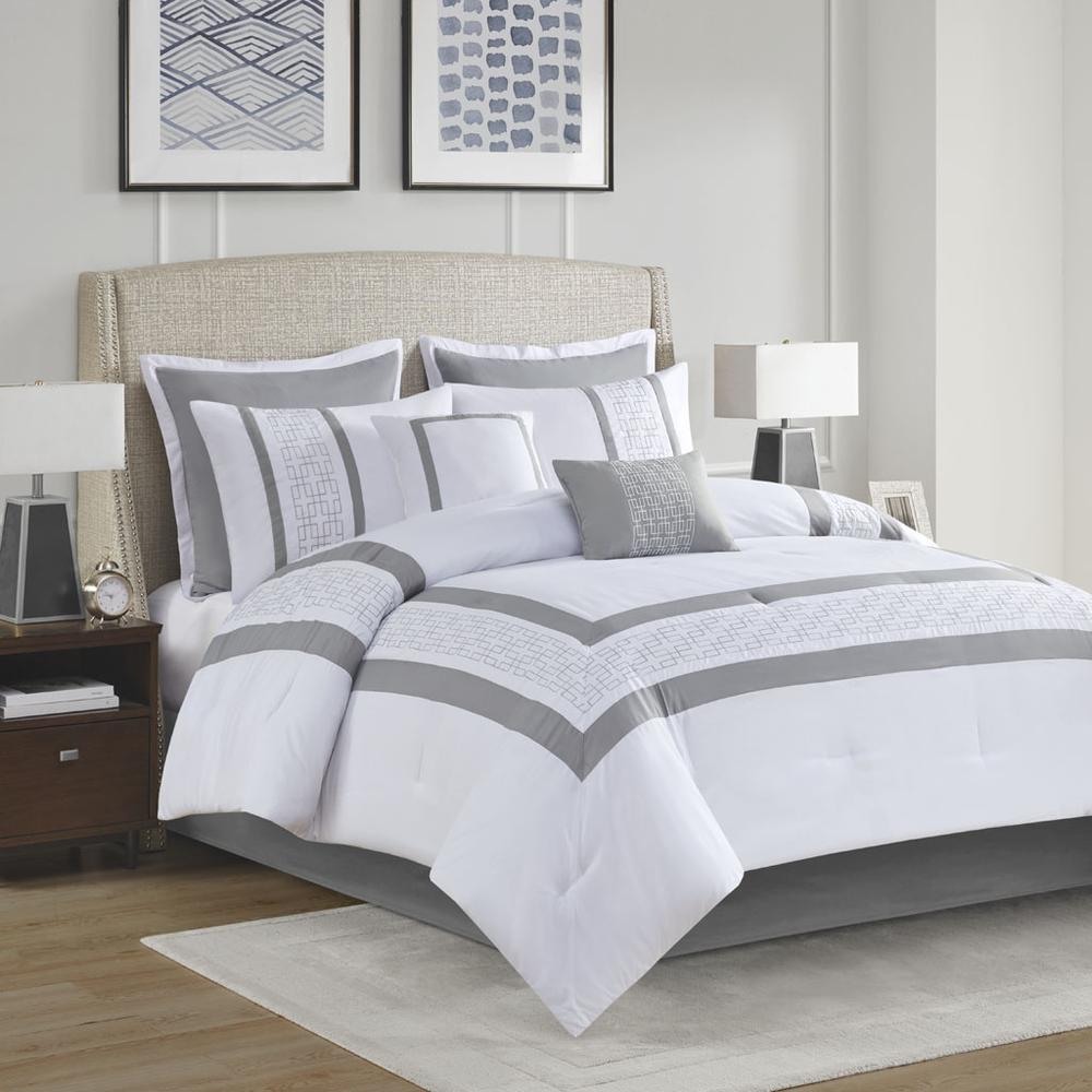 Powell 8 Piece Embroidered Comforter Set, White color
