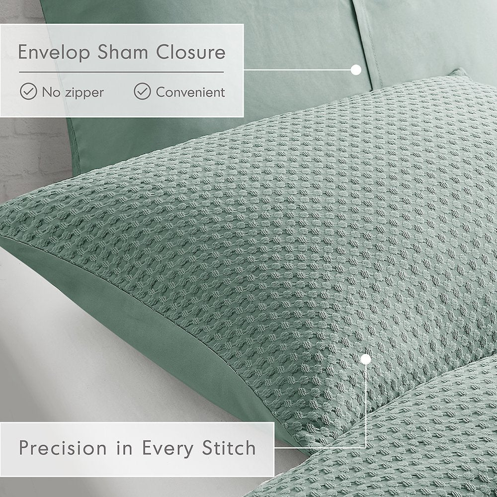 Mina Waffle Weave Textured Duvet Cover Set, Sage Green color