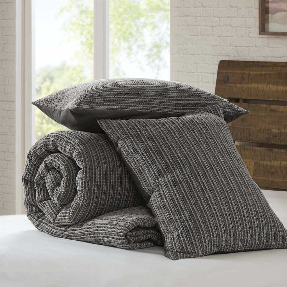 Lyon Waffle Washed Comforter Set, Charcoal color