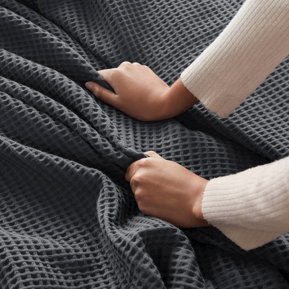 Waffle Weave Cotton Blanket, Dark Grey color