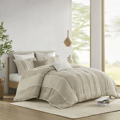 Shay 3 Piece Striped Cotton Comforter Set, Taupe color