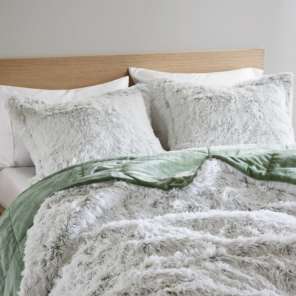 Malea Shaggy Faux Fur Comforter Mini Set in Green/White Color