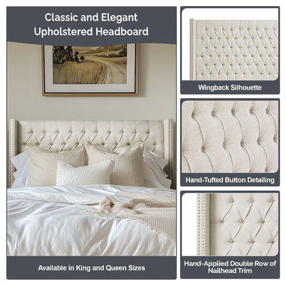 Amelia Upholstered Wingback Headboard with Button Tufting & Nailhead Trim