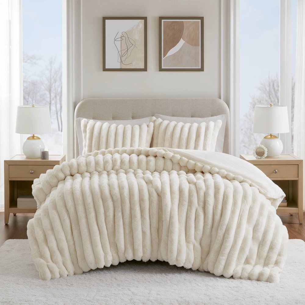 Jasmine Ultrasoft Faux Fur Ribbed Comforter Set, Ivory color