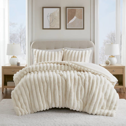 Jasmine Ultrasoft Faux Fur Ribbed Comforter Set, Ivory color