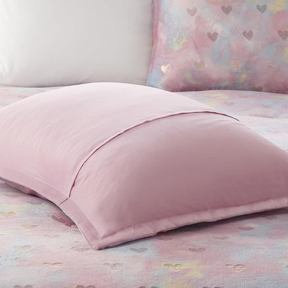 Metallic Printed Plush Comforter Set with Throw Pillow in Pink Multi/Gold Color