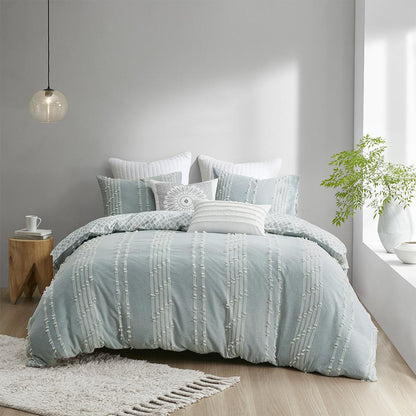 Kara 3 Piece Cotton Jacquard Duvet Cover Set, Aqua color
