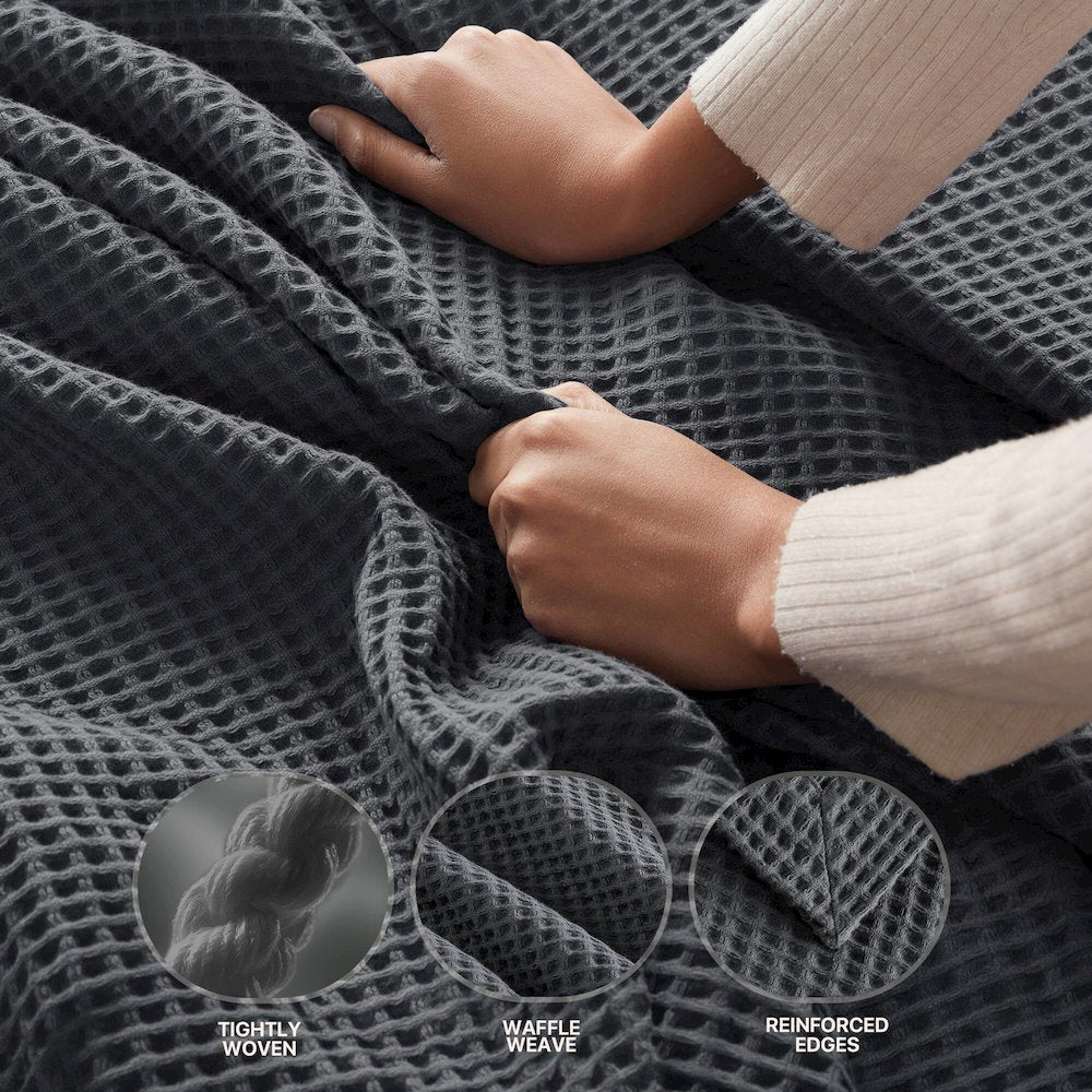 Waffle Weave Cotton Blanket, Dark Grey color