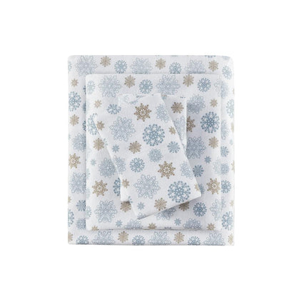Cozy Flannel Printed Sheet Set, Tan/Blue Snowflakes color