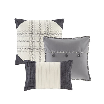 6 Piece Printed Herringbone Quilt Set with Throw Pillows