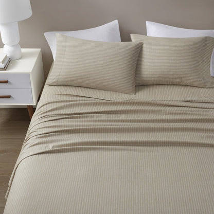 Cozy Flannel 100% Cotton Flannel Printed Sheet Set, Beige/White Stripes color