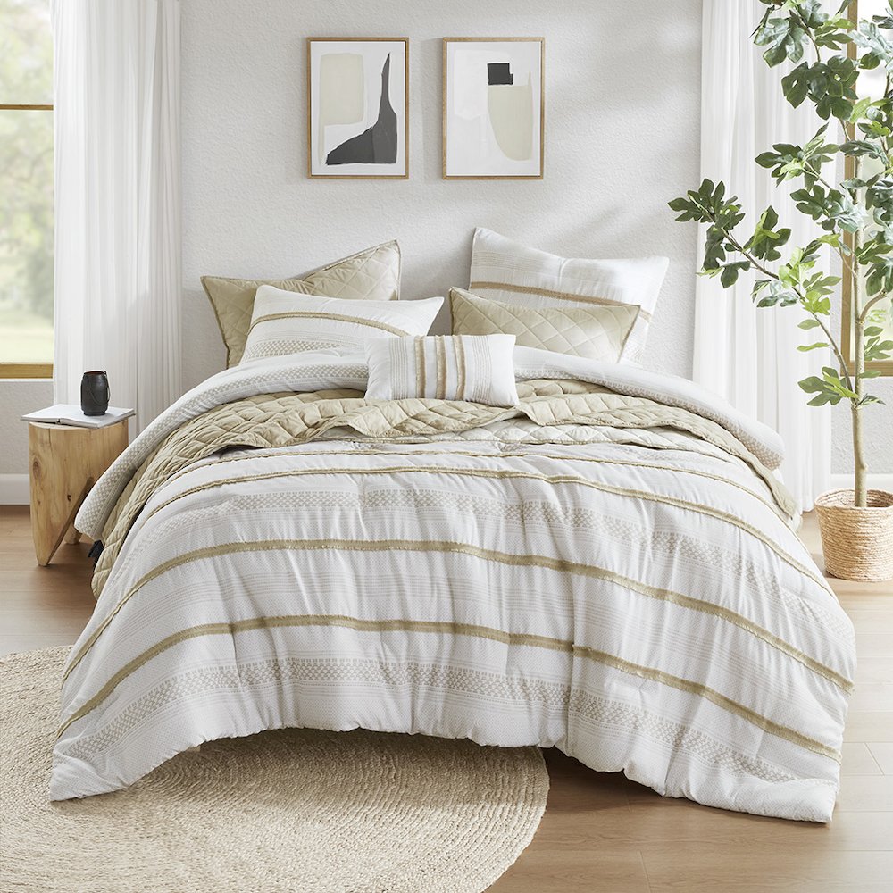 Carolina 7 Piece Stripe Comforter and Quilt Set, Taupe color