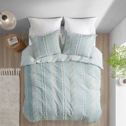 Kara 3 Piece Cotton Jacquard Duvet Cover Set, Aqua color