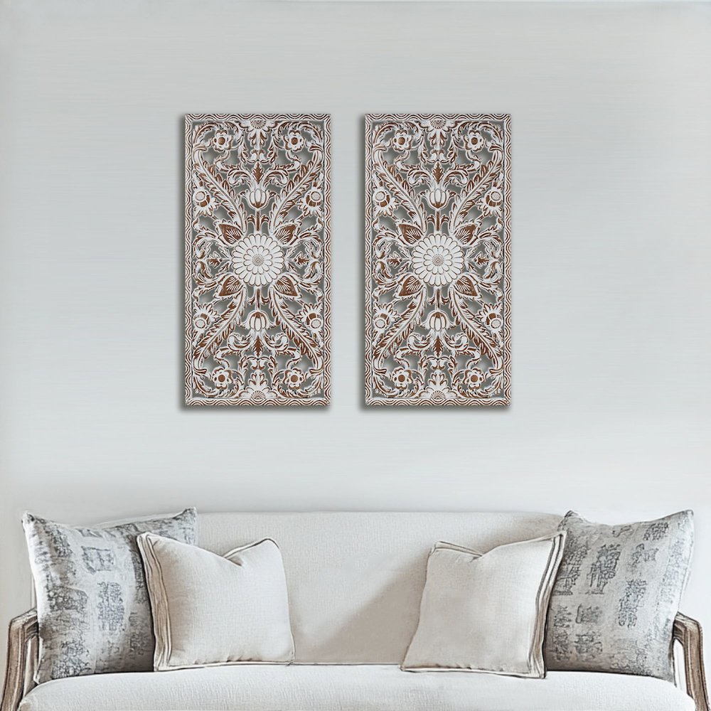 Botanical Panel Distressed Carved Wood 2-piece Wall Decor Set