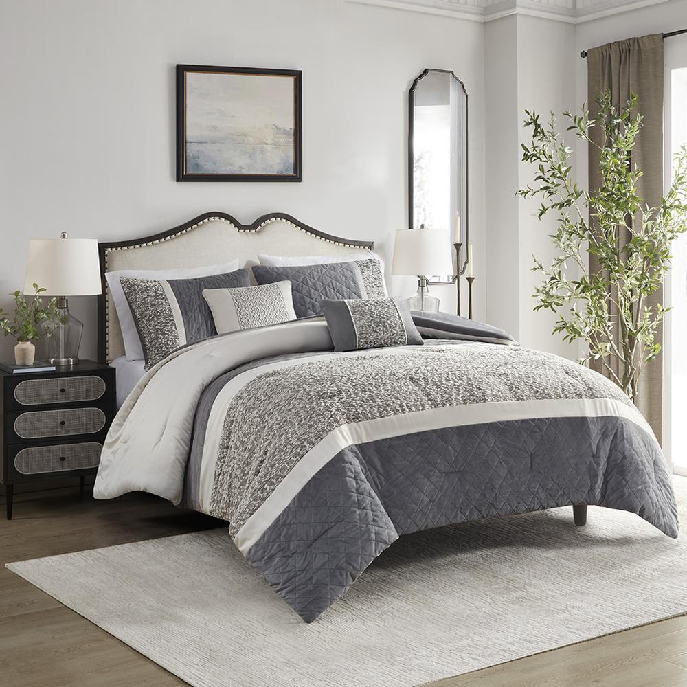 5 Piece Textured Jacquard Stripe Comforter Set with Throw Pillows