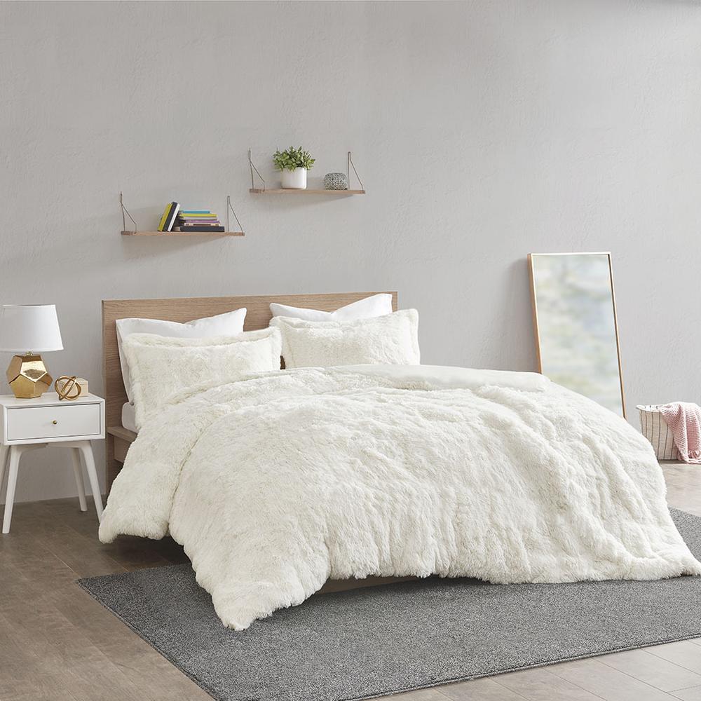 Malea Shaggy Fur Duvet Cover Set, Ivory color