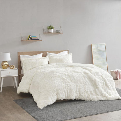 Malea Shaggy Fur Duvet Cover Set, Ivory color