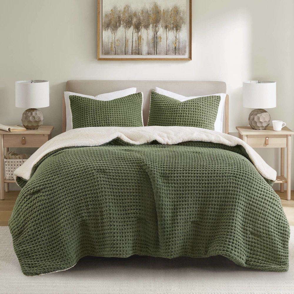 Riordan Waffle Knit Chenille Comforter Set, Olive color
