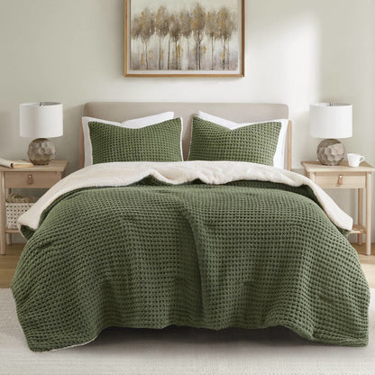 Riordan Waffle Knit Chenille Comforter Set, Olive color